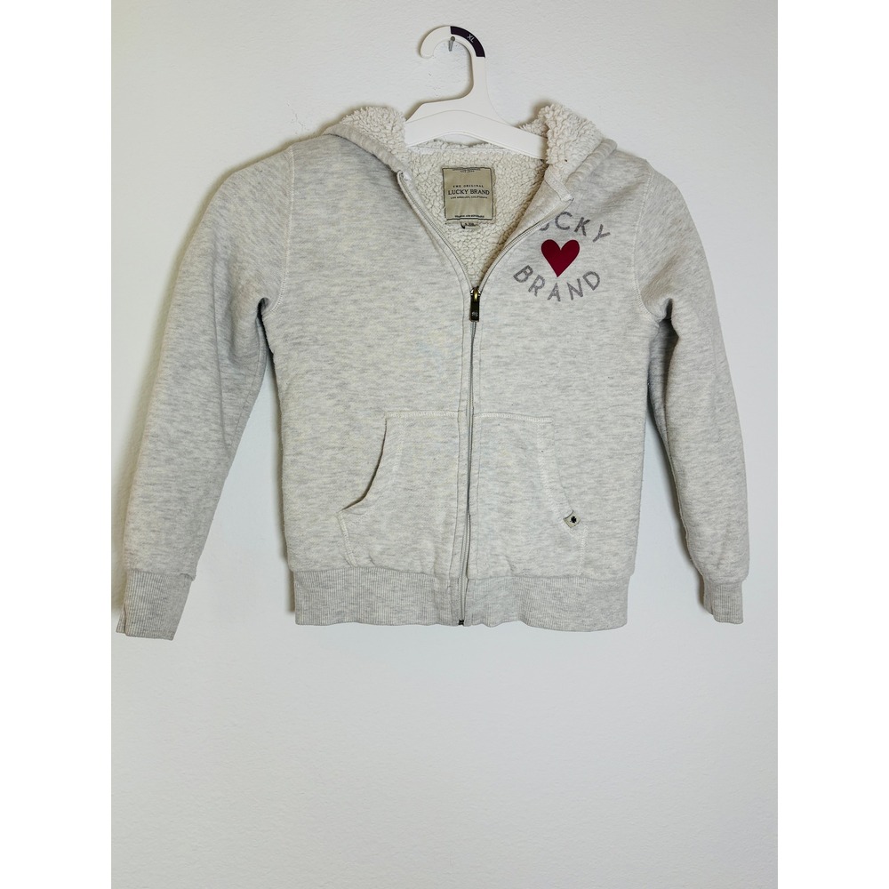 Lucky Brand Girls Gray Sherpa Lined Full Zip‎ Hoodie Heart Logo Size S 7/8